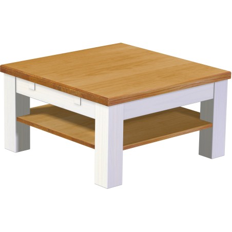 Couchtisch 73x73 Rio Classico Honig Weiss massiver Pinien Holztisch mit Ablage