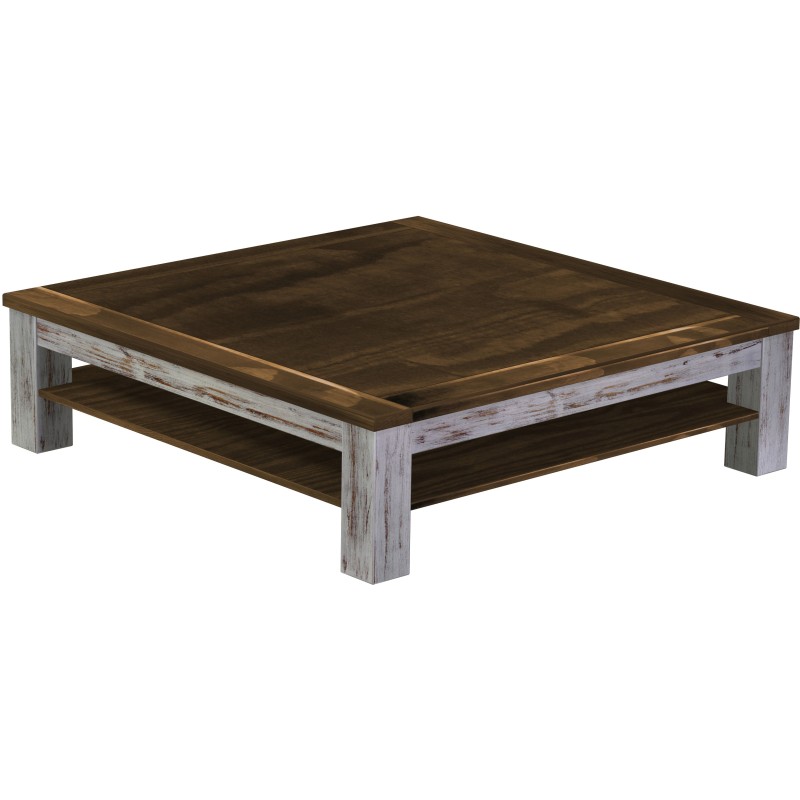 Couchtisch 140x140 Rio Classico Shabby Platte Eiche mit Ablage massive Pinie  - Tischplatte mit Sperrholzeinlage