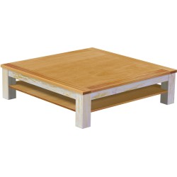 Couchtisch 140x140 Rio Classico Shabby Platte Honig mit Ablage massive Pinie  - Tischplatte mit Sperrholzeinlage
