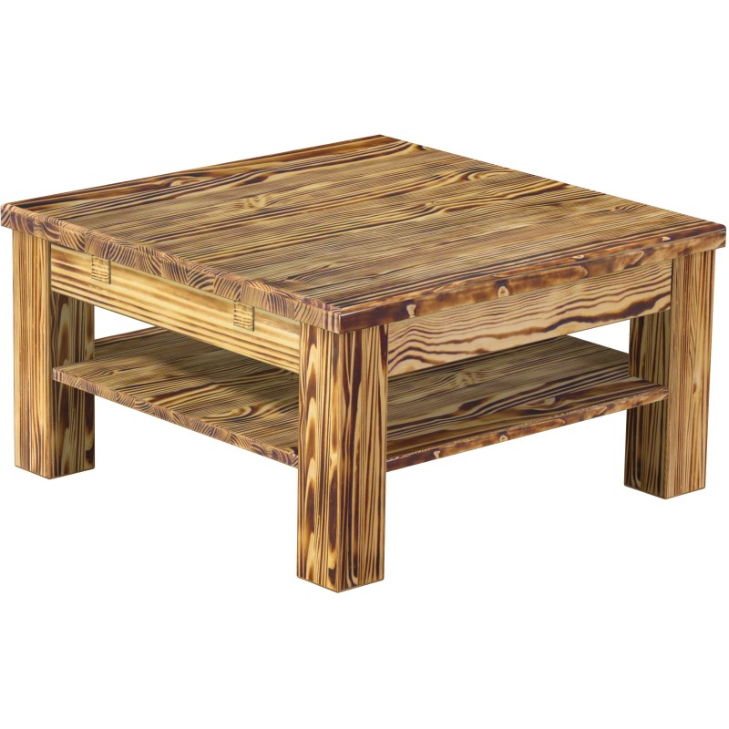 Couchtisch 73x73 Rio Classico Pinie geflammt massiver Pinien Holztisch mit Ablage