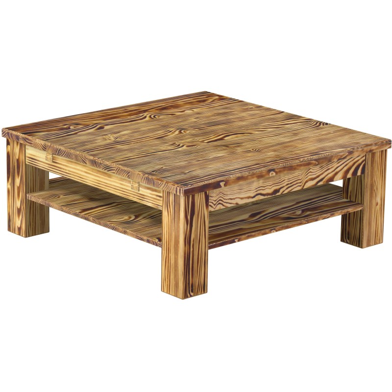 Couchtisch 100x100 Rio Classico Pinie geflammt massiver Pinien Holztisch mit Ablage