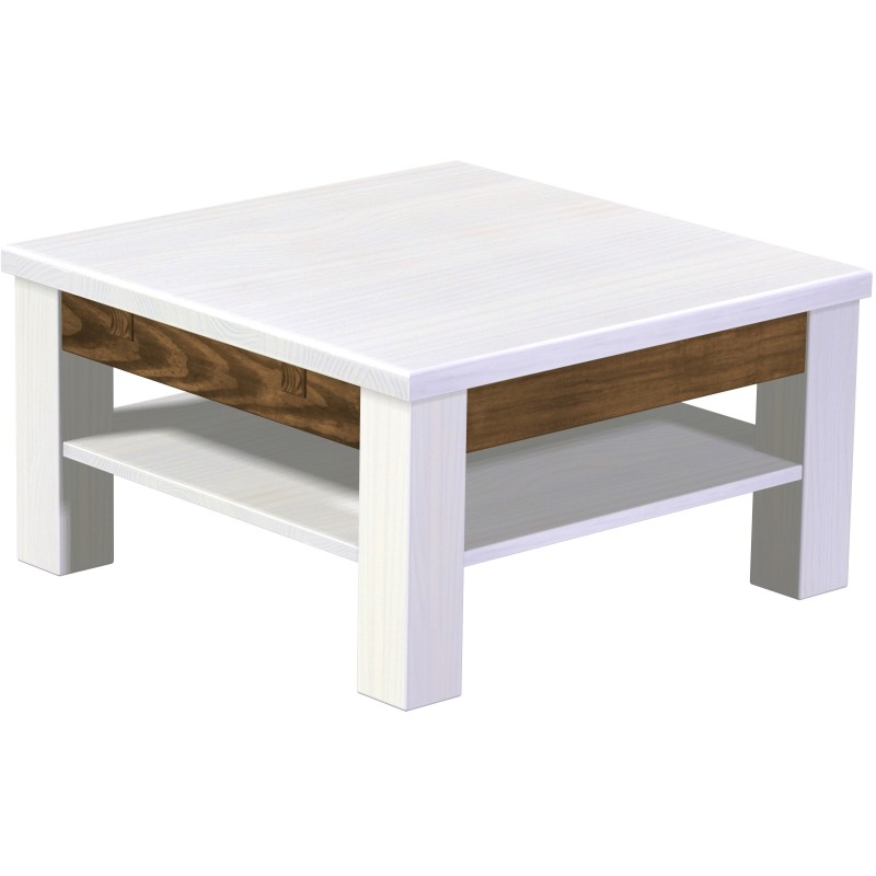 Couchtisch 73x73 Rio Classico Snow Eiche massiver Pinien Holztisch mit Ablage