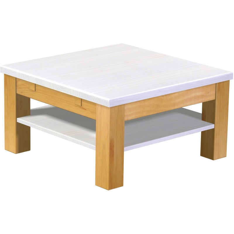 Couchtisch 73x73 Rio Classico Honig Platte weiss massiver Pinien Holztisch mit Ablage