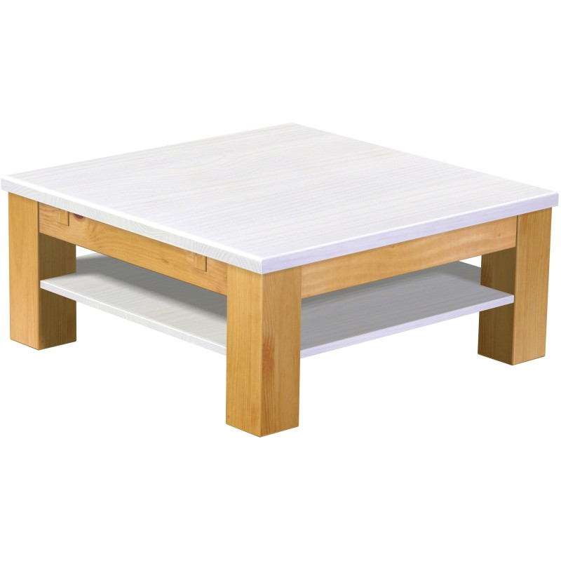 Couchtisch 90x90 Rio Classico Honig Platte weiss massiver Pinien Holztisch mit Ablage