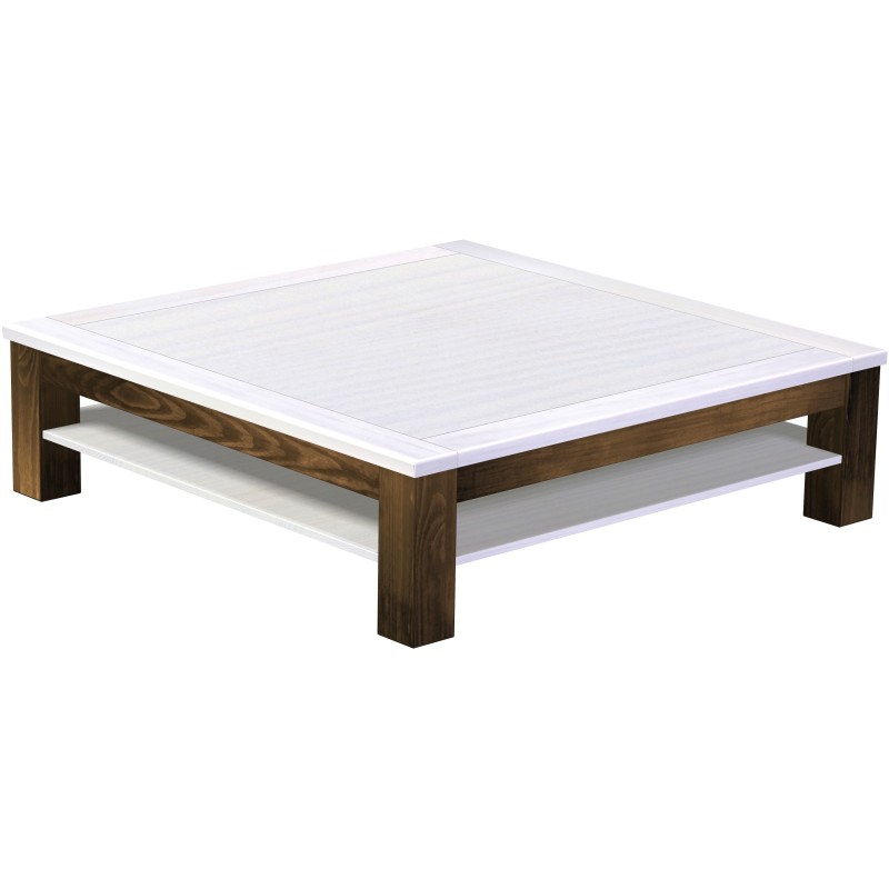 Couchtisch 140x140 Rio Classico Eiche Platte weiss mit Ablage massive Pinie  - Tischplatte mit Sperrholzeinlage