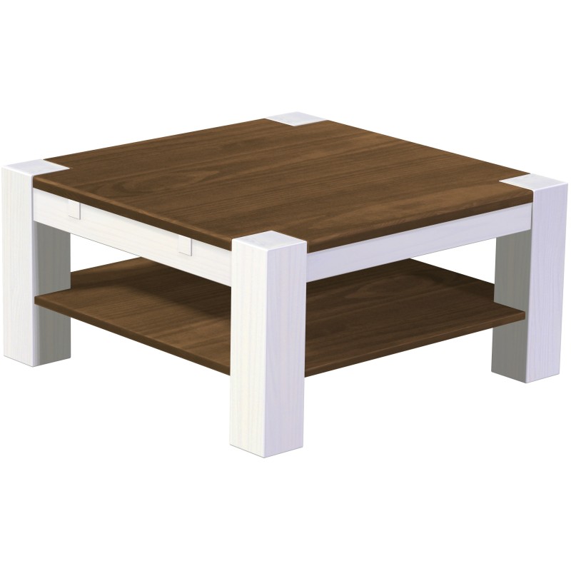 Couchtisch 90x90 Rio Kanto Nussbaum Weiss massiver Pinien Holztisch mit Ablage