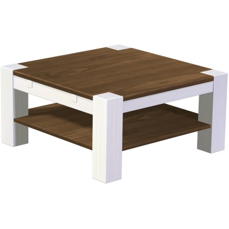 Couchtisch 90x90 Rio Kanto Nussbaum Weiss massiver Pinien Holztisch mit Ablage