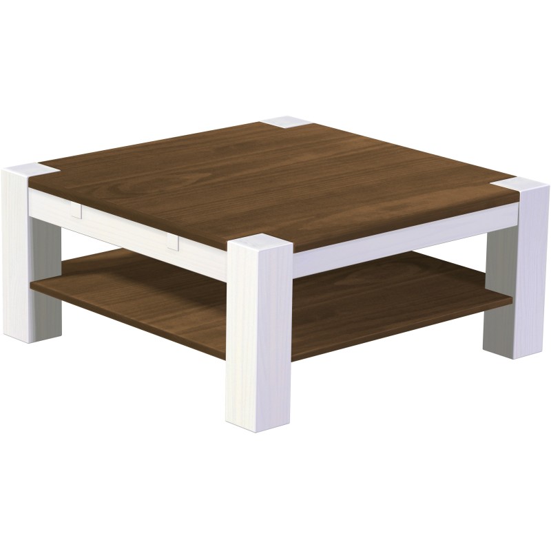 Couchtisch 100x100 Rio Kanto Nussbaum Weiss massiver Pinien Holztisch mit Ablage