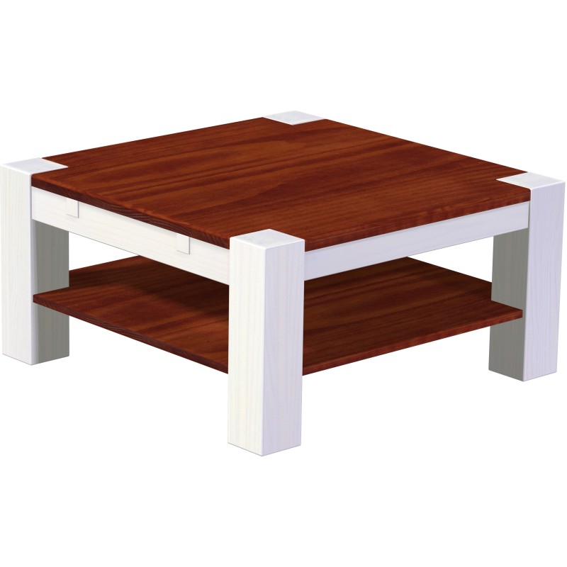 Couchtisch 90x90 Rio Kanto Mahagoni Weiss massiver Pinien Holztisch mit Ablage