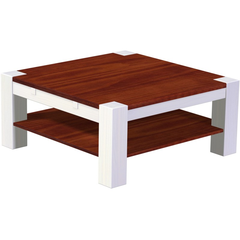 Couchtisch 100x100 Rio Kanto Mahagoni Weiss massiver Pinien Holztisch mit Ablage