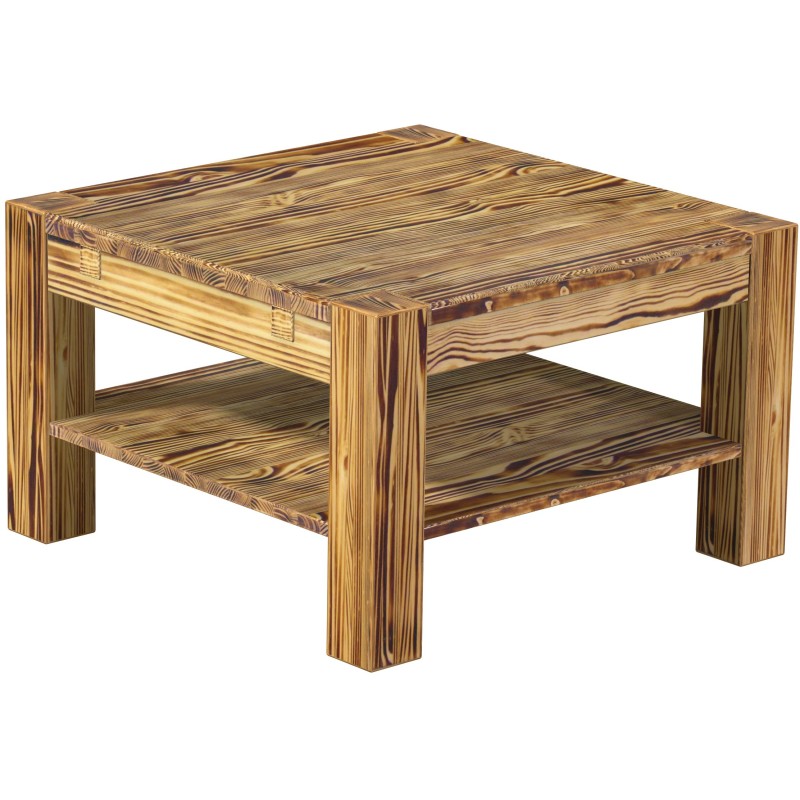 Couchtisch 73x73 Rio Kanto Pinie geflammt massiver Pinien Holztisch mit Ablage