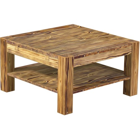 Couchtisch 80x80 Rio Kanto Pinie geflammt massiver Pinien Holztisch mit Ablage