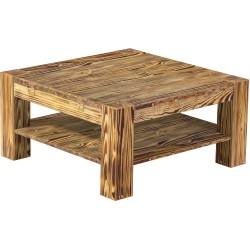 Couchtisch 90x90 Rio Kanto Pinie geflammt massiver Pinien Holztisch mit Ablage