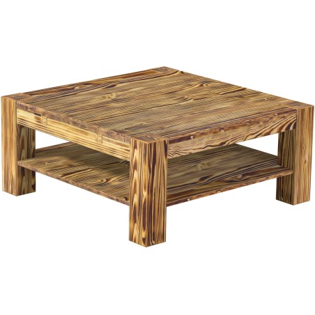 Couchtisch 100x100 Rio Kanto Pinie geflammt massiver Pinien Holztisch mit Ablage