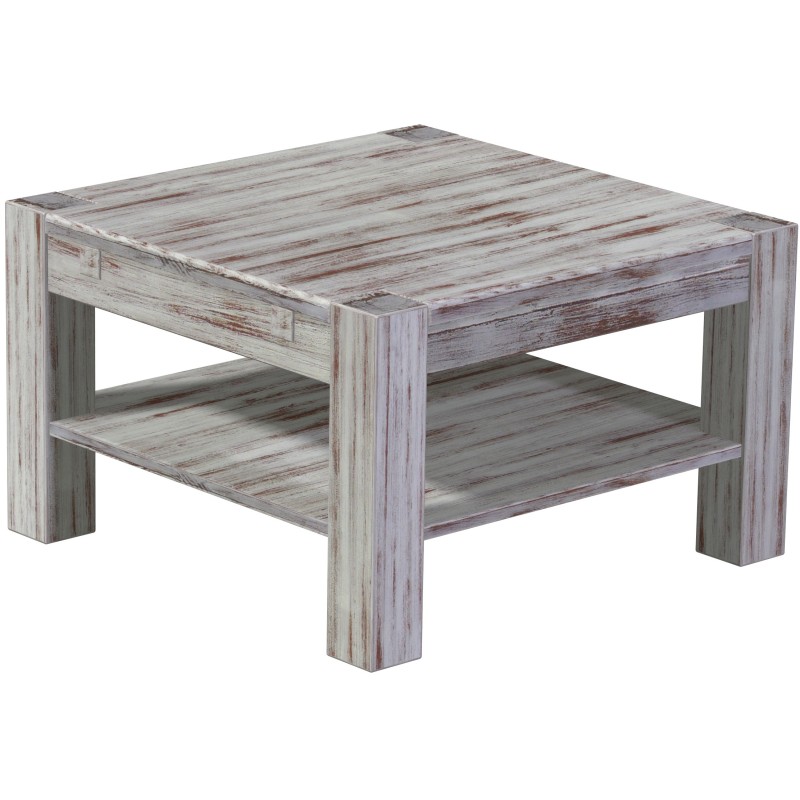 Couchtisch 73x73 Rio Kanto Shabby Nussbaum massiver Pinien Holztisch mit Ablage