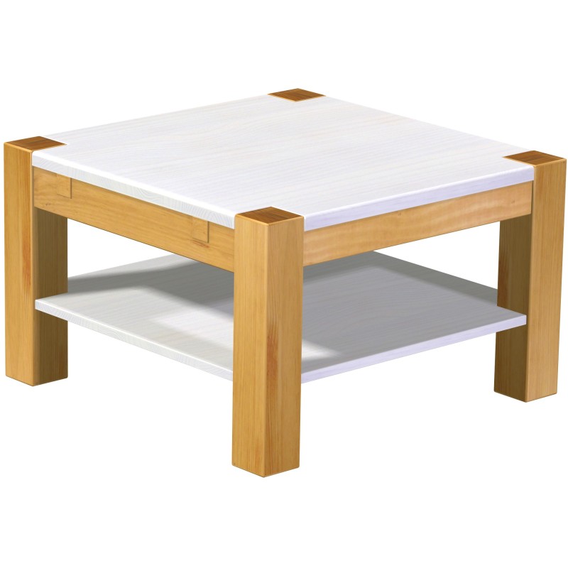 Couchtisch 73x73 Rio Kanto Honig Platte weiss massiver Pinien Holztisch mit Ablage