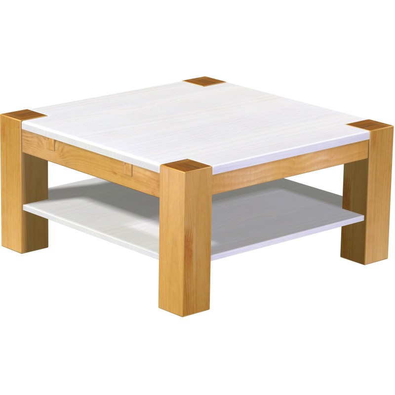 Couchtisch 90x90 Rio Kanto Honig Platte weiss massiver Pinien Holztisch mit Ablage