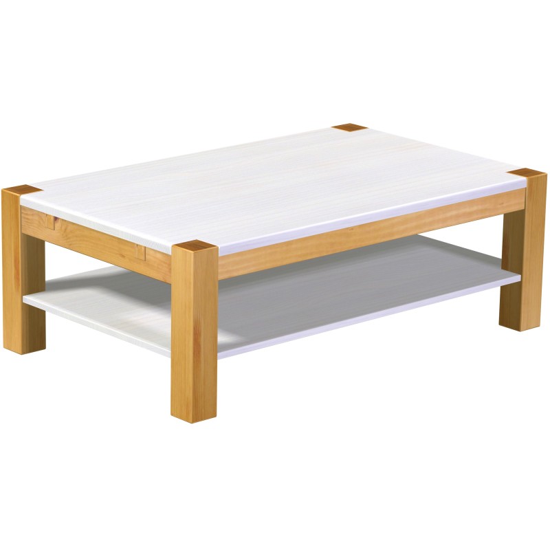 Couchtisch 130x80 Rio Kanto Honig Platte weiss massiver Pinien Holztisch mit Ablage
